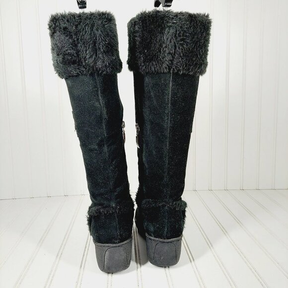 Guess Black Suede Leather Fur Winter Wedge Heel Riding Grip Sole Boots C267 - Picture 6 of 11